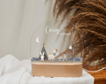 Customized kids' night light with wooden base, kids' night Lamp featuring cute animals and name, baby gift birth, baby room decoration