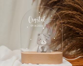 Personalized baby bear night light with name & date, baby's sleep buddy, children's room decor, baby birth gift, bedside lamp