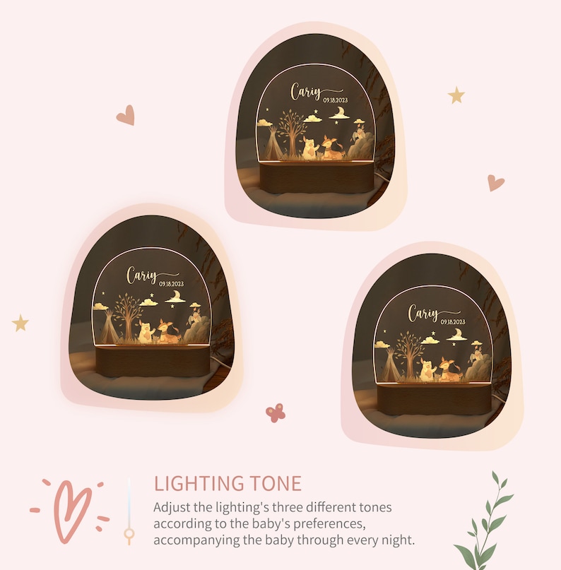 Personalised night light baby gift with base, cute animals night lamp, custom name nursery decor night light, baby birth, baby shower gift zdjęcie 7