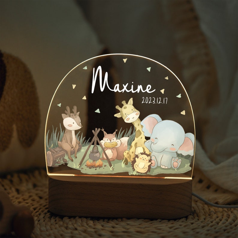 Veilleuse prénom personnalisée avec base, lampe de nuit animaux mignons, veilleuse de chambre de bébé, cadeau de naissance, cadeau nouveau-né, acrylique de décoration de chambre d'enfant image 1