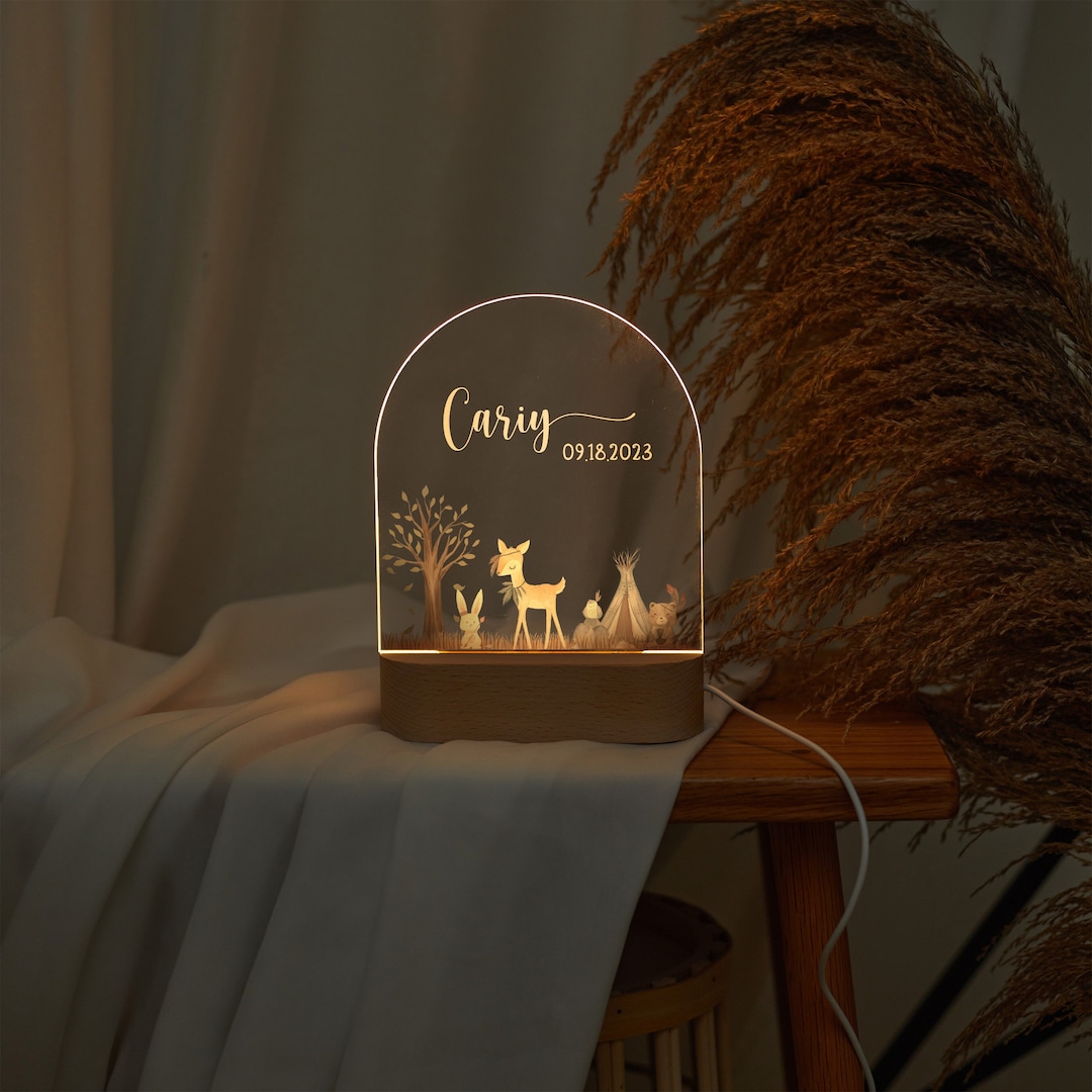 Personalized Baby Night Light With Wooden Bsae Cute Animal Etsy