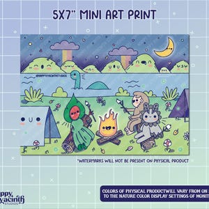 Cryptid Cuties Camping Mini Art Print: Spooky Kawaii Desk Decor (5x7&quot;)