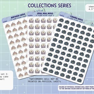Mini autocollants Collections - lot de 3 - Bullet Journal dessinés à la main, feuille d'autocollants mats pour agenda - gâteau d'anniversaire, courrier postal, minis appareils photo
