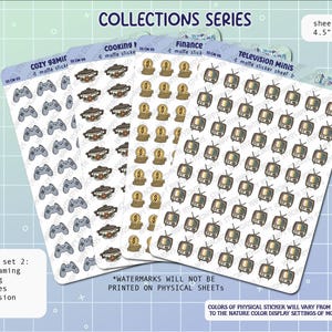 Mini autocollants Collections - Lot de 2 - Bullet Journal dessinés à la main, feuille d'autocollants mats pour agenda, jeux confortables, cuisine, finances, télévision