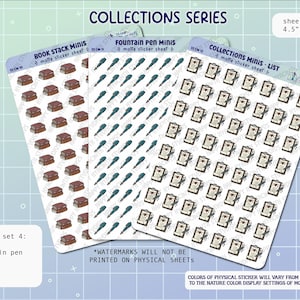 Mini autocollants Collections - Lot de 4 - Bullet Journal dessinés à la main, feuille d'autocollants mats pour agenda - pile de livres, stylo plume, liste de minis