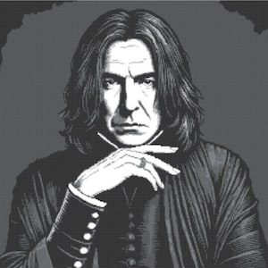 May include: A black and white portrait of a man with long dark hair, wearing a dark robe with a high collar and several buttons. He is looking directly at the viewer with a serious expression.