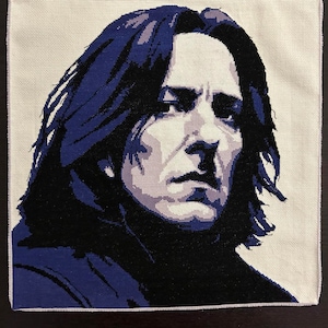May include: A cross-stitch portrait of a man with long dark hair and a serious expression. The portrait is done in shades of blue and purple.