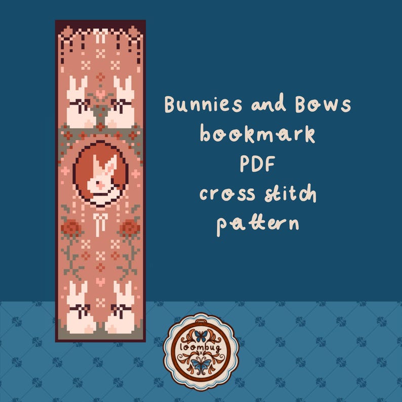 May include: A cross stitch pattern for a bookmark featuring bunnies and bows. The pattern is in a pink and brown color scheme and includes a central image of a bunny with a bow. The text "Bunnies and Bows bookmark PDF cross stitch pattern" is displayed above the pattern.