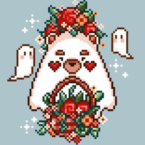 Puede incluir: Un oso blanco de arte de p&iacute;xeles con una corona de flores rojas y naranjas, sosteniendo una cesta de flores rojas y naranjas. Dos fantasmas blancos est&aacute;n en el fondo.