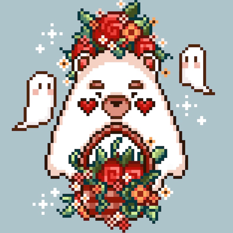 Puede incluir: Un oso blanco de arte de p&iacute;xeles con una corona de flores rojas y naranjas, sosteniendo una cesta de flores rojas y naranjas. Dos fantasmas blancos est&aacute;n en el fondo.