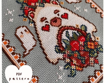 Ghost Bear Flower Basket Cross Stitch Pattern Digital PDF