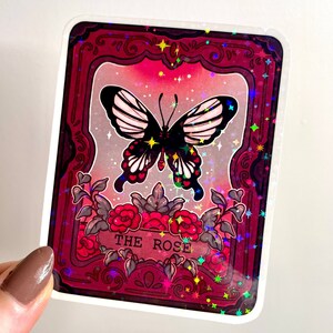 Sticker carte de tarot scintillant holographique rose papillon