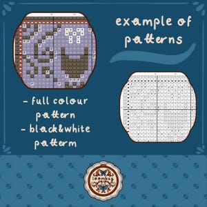 May include: Example of full color and black and white patterns for loom band crafts. The patterns are displayed in a grid format with symbols representing different colors and stitches.