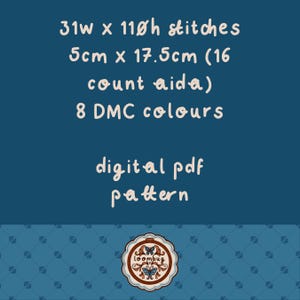 May include: A digital PDF pattern for cross stitch featuring a butterfly design. The pattern is for 31 stitches wide by 110 stitches high, and uses 8 DMC colors. The pattern is for 16 count Aida cloth, and measures 5 inches by 17.5 inches.