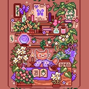 May include: Pixel art illustration of a cat wearing glasses and a purple shawl, surrounded by plants and books on shelves. A sign reads "OPEN". The image has a warm color palette with the text "THE herbalist." at the bottom.