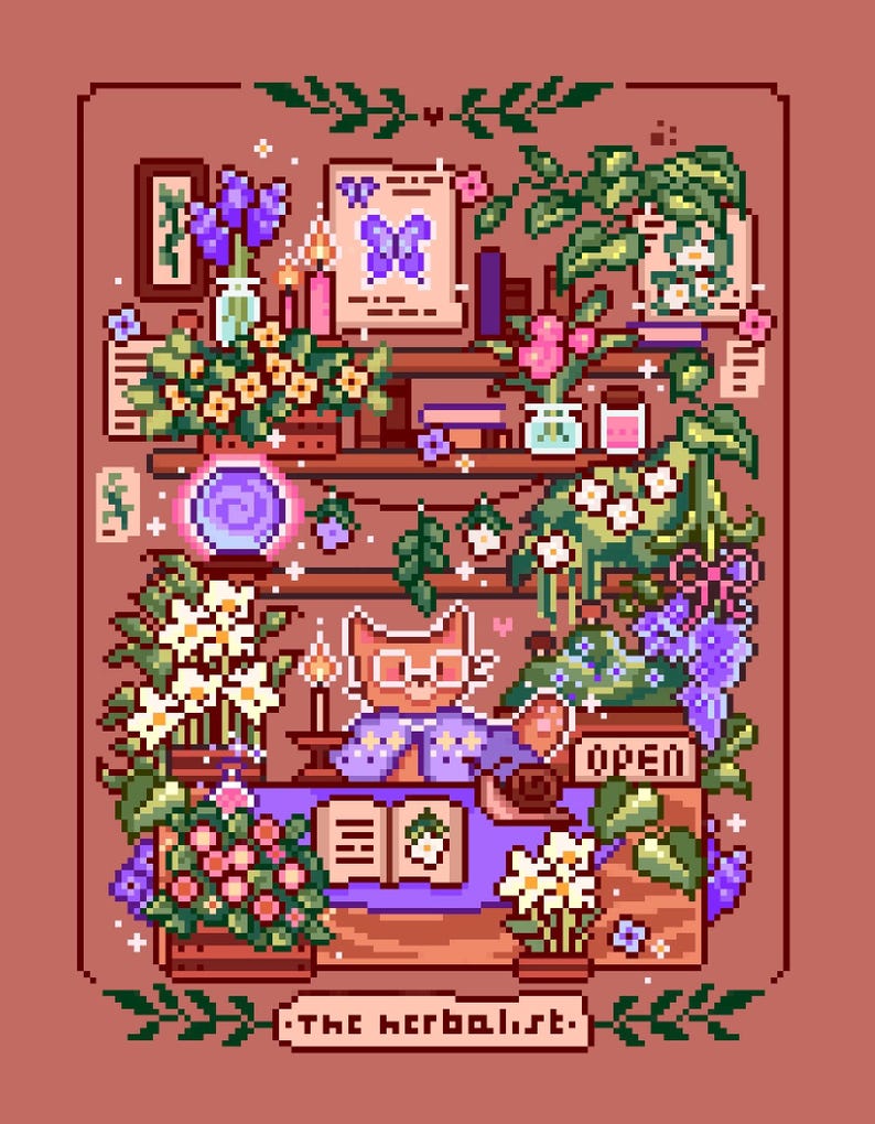 May include: Pixel art illustration of a cat wearing glasses and a purple shawl, surrounded by plants and books on shelves. A sign reads "OPEN". The image has a warm color palette with the text "THE herbalist." at the bottom.