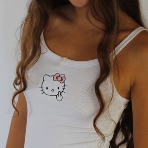 Middle Finger Hello Kitty Embroidered Tank Top | Sassy Cute Kitty Tee | Trendy Kawaii Graphic Tank | Edgy Streetwear