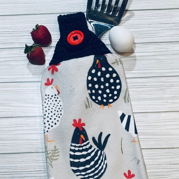 Crochet Towel Holder, Dark Gray Topper Hanging Kitchen Dish Towel, Chickens And Hens!