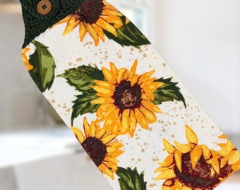 Toalla de cocina colgante con diseño de girasoles, toalla superior de ganchillo de doble cara, decoración de cocina rústica, toalla de cocina colgante, regalo de inauguración de casa