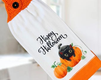 Halloween Crochet Topper Kitchen Towel - Happy Halloween! Black Cat and Pumpkin.