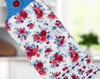 Hängande virkad topping kökshandduk, vår- eller sommarblommig diskhandduk med knapp!