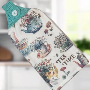 Hanging Crochet Topper  Kitchen Towel – “Tea Time” – Dish Towel with Button & Loop