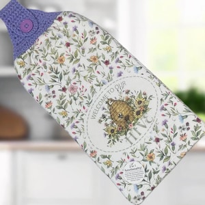 Bee Hive Floral Kitchen Towel: Crocheted Top Hanging Dish Towel, Button Closure