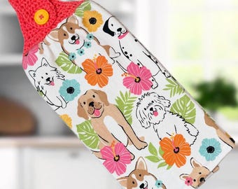 Remate de toalla de ganchillo con diseño de perro – Toalla de mano colgante para cocina con cierre de botón