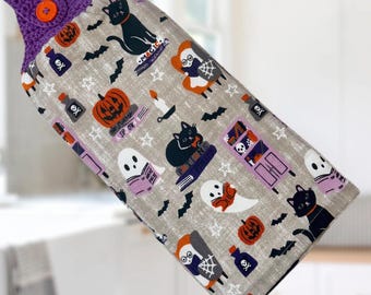 Toalla de cocina colgante con adorno de ganchillo, ¡fantasmas de Halloween leyendo libros y gatos negros!