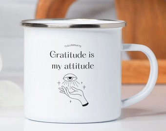 La gratitud es mi taza de campamento de actitud, taza de amor propio de taza de esmalte, regalo de agradecimiento, taza dotada agradecida, cuidado personal de regalo bendito, regalo para mamá