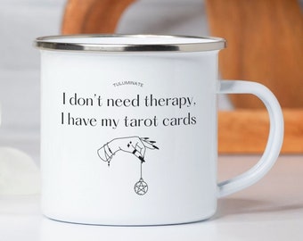 Regalo de tarot, taza de esmalte de regalo brujo, taza de café divertida de curación espiritual, café brujo, salud mental, regalo amiga espiritual diosa de la luna
