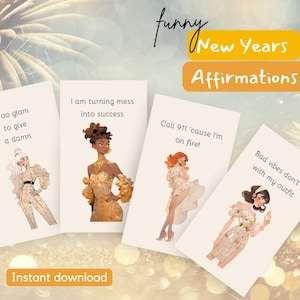 Cartes d'affirmation du Nouvel An 2024, manifestations amusantes du nouvel an du nouvel an, cadeau imprimable du nouvel an pour femme, téléchargement d'amour de soi de fin d'année