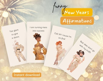 Tarjetas de afirmación de Año Nuevo 2024, manifestaciones divertidas de nuevo yo de año nuevo, regalo de año nuevo imprimible para mujeres, descarga de amor propio de fin de año