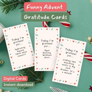Lustige Advents-Dankbarkeitskarten, digitaler Adventscountdown, Achtsamkeit diy druckbare Weihnachtskarten, sofortiger Download, Selfcare Geschenk Urlaub
