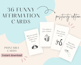 Tarjetas de afirmación divertidas imprimibles, tarjetas de positividad para afirmaciones diarias, tarjetas digitales descaradas con citas positivas, tarjetas de cuidado personal para ella