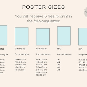 May include: A chart showing five different poster sizes in centimeters, with the text "POSTER SIZES" at the top. The chart shows the different aspect ratios and the corresponding sizes for printing. The aspect ratios are 2:3, 3:4, 4:5, ISO, and 11:14.
