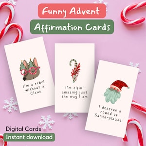 Cartes d'affirmation de l'Avent drôles, calendrier de l'Avent de Noël, cartes de Noël attentionnées avec jeux de mots, impressions de Noël, cadeau d'affirmations quotidiennes