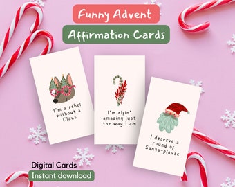 Tarjetas de Adviento con afirmaciones divertidas, calendario de Adviento navideño, tarjetas navideñas con juegos de palabras, imprimibles navideños, regalo de afirmaciones diarias.