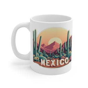 Mexico Coffee Mug Colorful Cactus Desert Illustration Mexican Souvenir Gift Retro Ceramic Cup with MEXICO Design