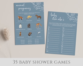 Blue Minimalist Baby Shower Game Bundle, 35 activités imprimables sur le thème du bébé, design moderne avec texte et couleur modifiables, fleur blanche