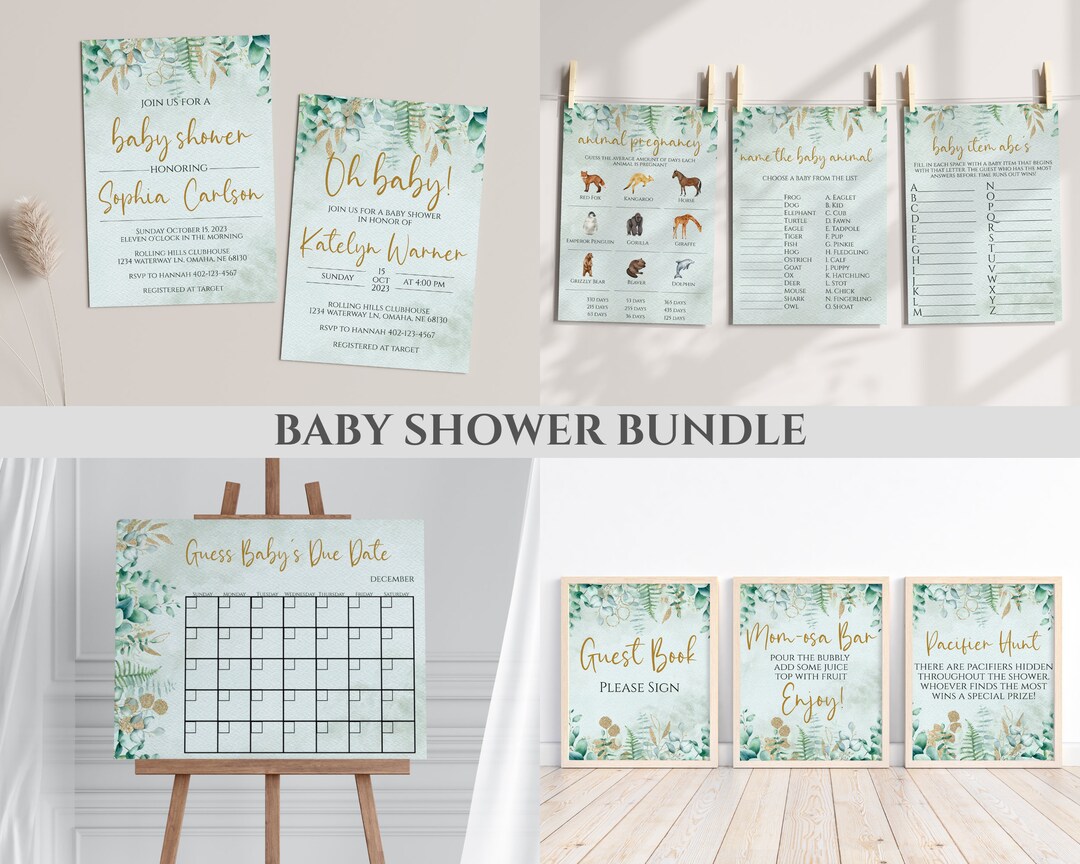 Eucalyptus Baby Shower Bundle, Includes Games Invitations and Signs ...