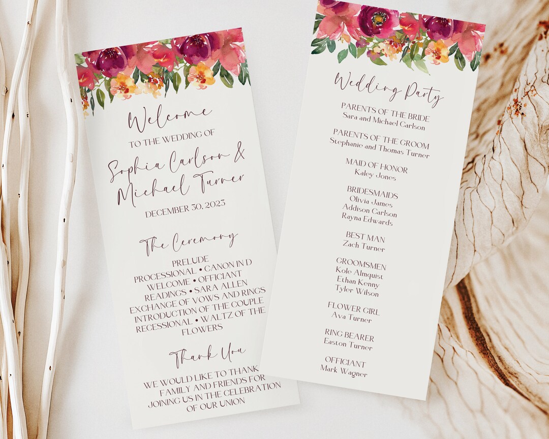 Event Program Flor Samples Floral Wedding Program Template, Printable Pink and Orange Theme ...