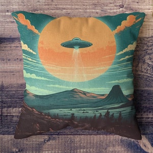 UFO Alien Landscape Pillow & Pillowcase | Double Sided | | UFO Pillows | Aliens, Sci-Fi Home Decor | Retro Futuristic Home | Space Gift Idea