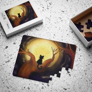 Black Cat Kids&#39; Puzzle, Toddler Halloween Puzzle Gift Idea, Fun Cat Gift for Children, Black and Moon Cat Gifts, Gifts for Cat Lovers
