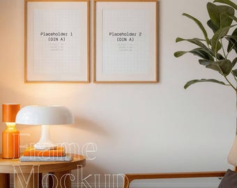 2 Vertikaler Rahmen Mockup, Dualer Holzrahmen PSD, Boho Bilderrahmen Photoshop Mockup, Poster Mockup mit Interieur, DIN A4 Rahmen Vorlage