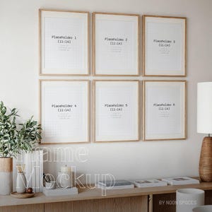 May include: A mockup of six wood framed pictures on a white wall. The frames are arranged in two rows of three. Each frame has a white background and text that reads "Placeholder (11:14)" with a number from 1 to 6. The frames are on a wall above a wooden shelf with books and a candle.