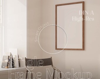 Minimalist Wood Frame Mockup, Vertical Picture Frame Template, Single Art Print Mockup, Interior with Custom Wall Color, Digital Poster PSD