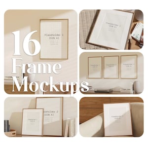 16 Frame Mockup Bundle, Wood Frame Set Template, Vertical Frame Interior Scenes, Digital Frame PSD Mockup, DIN-A Art Print Poster Mockups