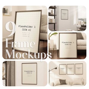 9 Poster Frame Mockups V.4, Art Print Frame Bundle, Wall Art Mockup Set, Dark Wood Frame PSD Template, Interior Mockup with Picture Frames