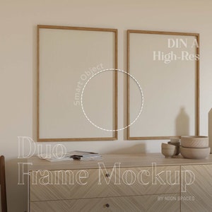 2 Mockup de moldura de madeira, par de molduras para fotos PSD Mockup, moldura com mockup de interior escandinavo, mockup de luz natural de impressão de arte, mockup de pôster de arte